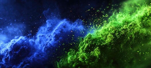 A vibrant display of swirling blue and green pigments, with fine particles suspended in the air, creating an abstract and dynamic composition.