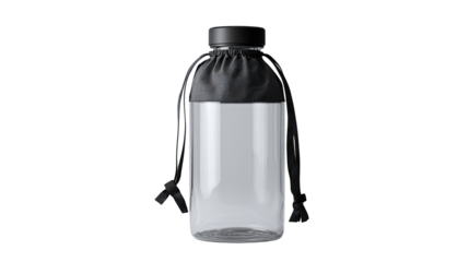 Clear plastic water bottle with black drawstring bag