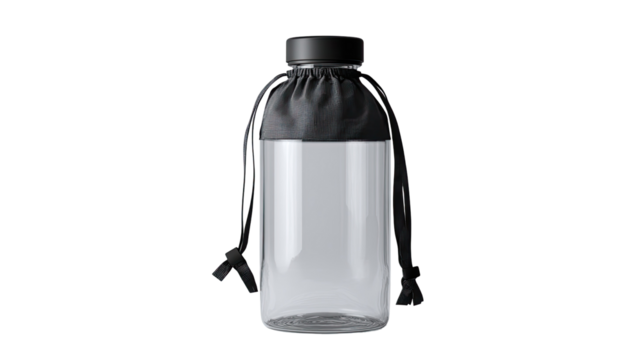Clear plastic water bottle with black drawstring bag