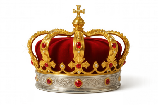 Royal golden crown featuring crimson gems, resting on translucent surface, representing monarchical elegance and regal heritage