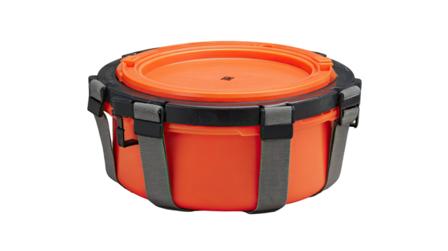 Orange plastic container with black straps