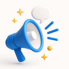 A 3d render of a blue megaphone with a red ribbon, a symbol of a loud business announcement
