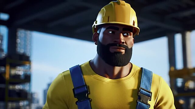 A 3D rendered portrait of a strong Black construction worker with a beard wearing a yellow hard hat.