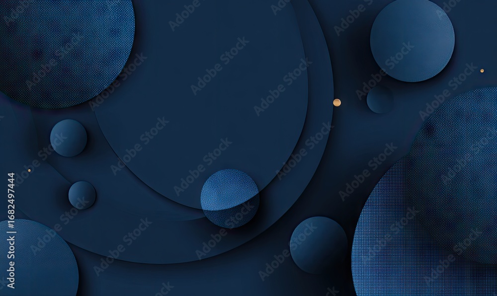 Poster a sophisticated arrangement of layered circles and spheres in a deep navy blue color scheme creates 