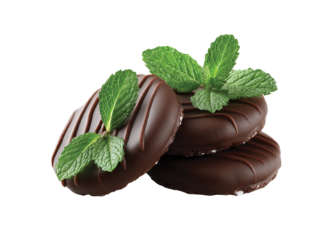 Chocolate mint patties with fresh mint leaves isolated on transparent background, Clipart png