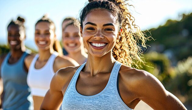 Portrait of a beautiful smiling woman in sportswear with a group of diverse female friends in the background outdoors.
