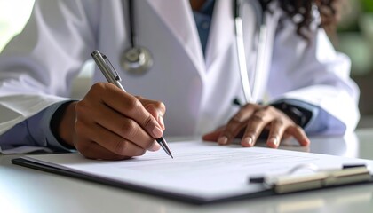 Doctor fills form on clipboard. Professional appearance with crisp white coat and pen held in hand for attentive documentation