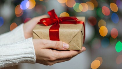 A person's hands holding a wrapped gift box with a red ribbon, festive background.