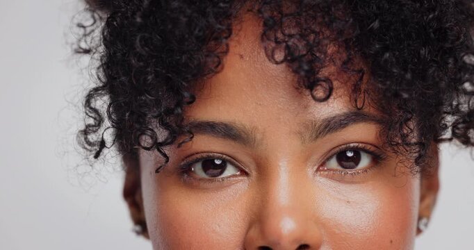 Aesthetic, skincare and eyes with portrait of woman in studio for self care, peptide benefit and fine line glow. Collagen, shine and dermatology with closeup of person on white background for facial