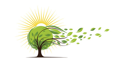 Vibrant green tree with sunburst and blowing leaves symbolizes growth, nature, and renewal.