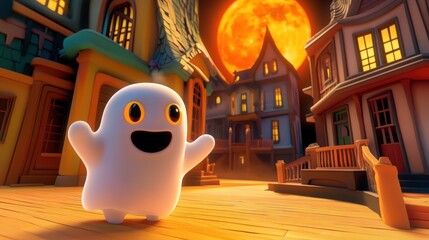 Cheerful cartoon ghost stands in a spooky town under a full moon at halloween