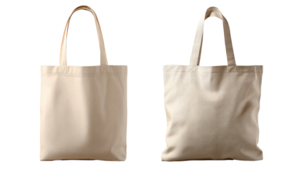 Two identical off-white canvas tote bags, side-by-side, featuring handles