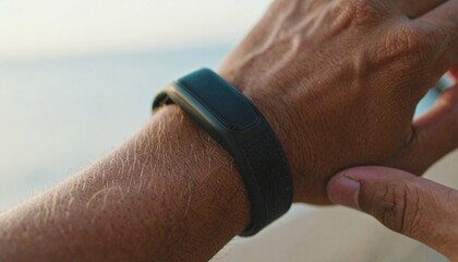 A close-up of a person's arm wearing a black fitness tracker, with their other hand touching the smart band to check their activity.