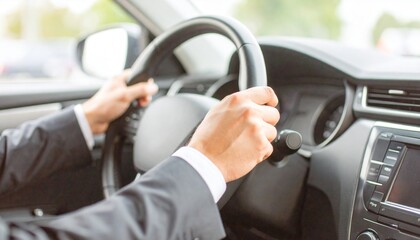 A man in a suit is driving a car, holding the steering wheel with both hands.