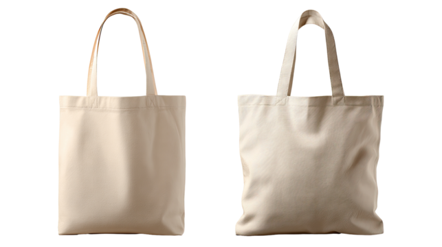 Two identical off-white canvas tote bags, side-by-side, featuring handles