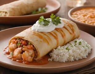 shrimp chimichanga topped with sour cream on a plate