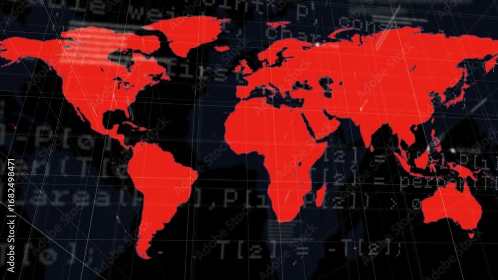 Poster animation of data processing and world map over black background