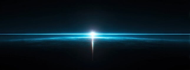 A vibrant celestial horizon bathed in a bright, luminous light source, showcasing a striking contrast between the deep darkness of space and the glowing, azure light.