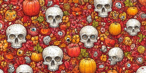 A whimsical, detailed pattern design showcasing skulls, pumpkins, and autumnal elements in a vibrant, colorful composition.