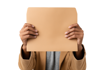a person holding an open brown file or document hands isolated on transparent background, Clipart png