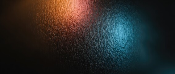 Textured surface illuminated by vibrant, warm, and cool light sources, exhibiting a rich interplay of colors and patterns.