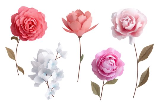 set of paper flowers isolated on transparent background, Clipart png