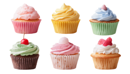 Collection set of colorful cupcakes isolated on transparent background, Clipart png