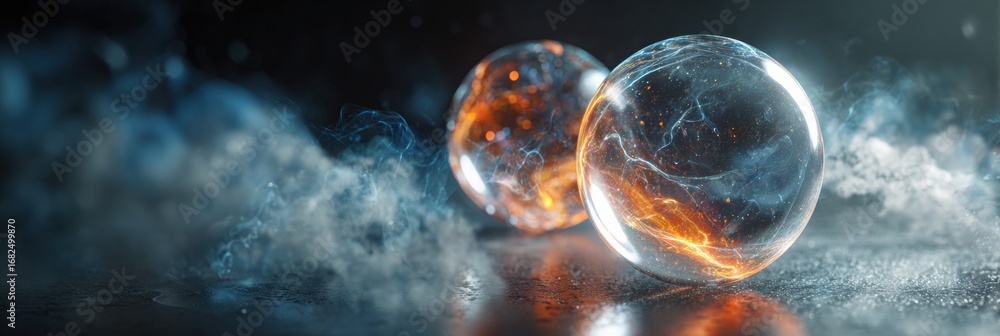 Poster glowing orbs illuminated by ethereal light in a dark environment with swirling clouds