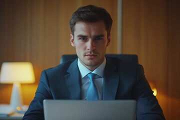 serious young businessman sitting in the office in a business suit at the desk, working on a laptop, focusing on a critical task or project, Generative AI