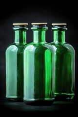 Three green glass bottles stand against a dark background in a studio setting