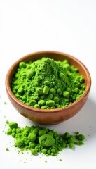 Fine matcha powder in white bowl, wooden bowl, and separate pile on white , matcha, healthy lifestyle