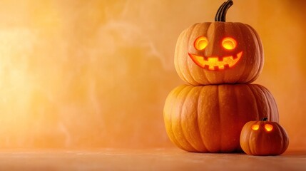 Stacked halloween pumpkins glowing on orange background for spooky season decor