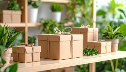 A wooden shelf adorned with neatly stacked decorative boxes in various colors, alongside vibrant green potted plants, creating a cozy, organized atmosphere.