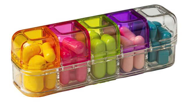 Colorful pill organizer with clear compartments