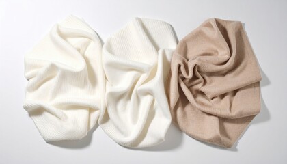 Obraz premium Three soft, folded knit fabrics, ranging from white to beige, arranged on a stark white surface, highlighting the texture and folds of the material