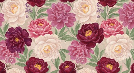 Watercolor Floral Pattern: Peonies Leaves and Lavender on Beige.