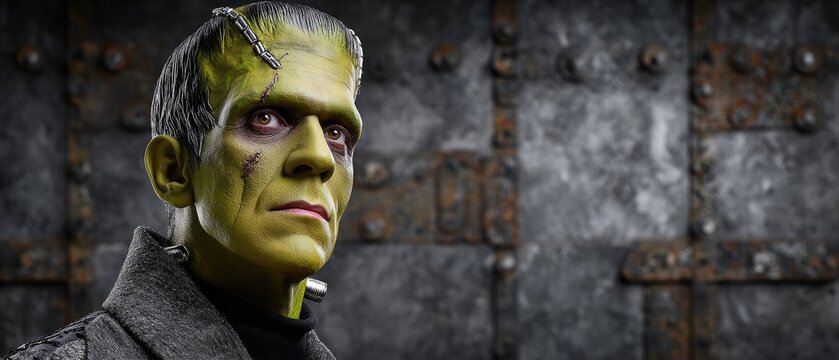 A dramatic portrayal of a green-skinned character with scars, set against a textured metallic backdrop, evoking a classic horror theme.