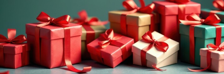 Fototapeta premium Pile of brightly wrapped Christmas & New Year gift boxes with silk ribbons and bows , ribbon, wrapping
