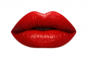 Slightly opened shiny red lips on a transparent background, perfect for beauty and makeup projects