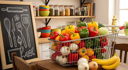 Abundant fresh produce including colorful bell peppers onions and bananas fills a wire basket on a wooden table