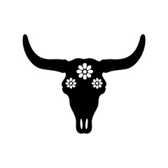 Elegant black silhouette of a bull skull decorated with white flowers