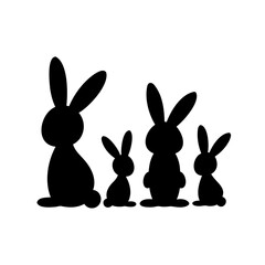 Four black silhouettes of bunnies arranged from largest to smallest on white