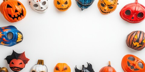 Assortment of halloween masks arranged on a white background creating a frame