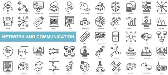 Network and communication icon collection set. System setting, API, Cloud transfer, Security shield, People network icon. Simple line vector.