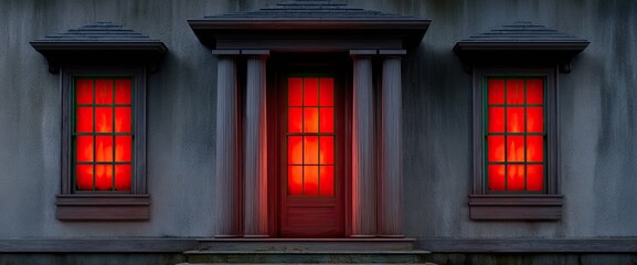 A dark-themed house facade features a red-lit door and windows, creating a mysterious and eerie atmosphere.