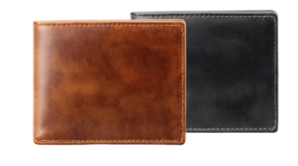 Two leather wallets, brown and gray, side-by-side