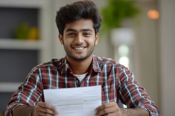 Portrait of a happy young Indian man working in the office, sitting at the desk and opening a received envelope with documents, smiling at the camera with a sense of accomplishment, Generative AI