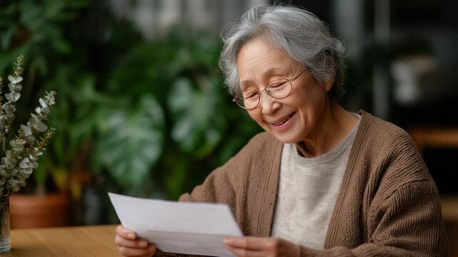 A woman is sitting at a table and reading a piece of paper. She is smiling. Elderly Asian woman smiling while reading Medicaid approval letter at home, palliative care, warm caring mood