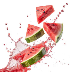 Flying pieces of watermelon with juice splashing and drops isolated png refreshing summer fruit action png juicy watermelon pieces png transparent background image