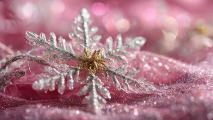 A delicate silver snowflake with golden accents rests on a backdrop of soft pink glitter, showcasing a festive and elegant holiday ambiance.